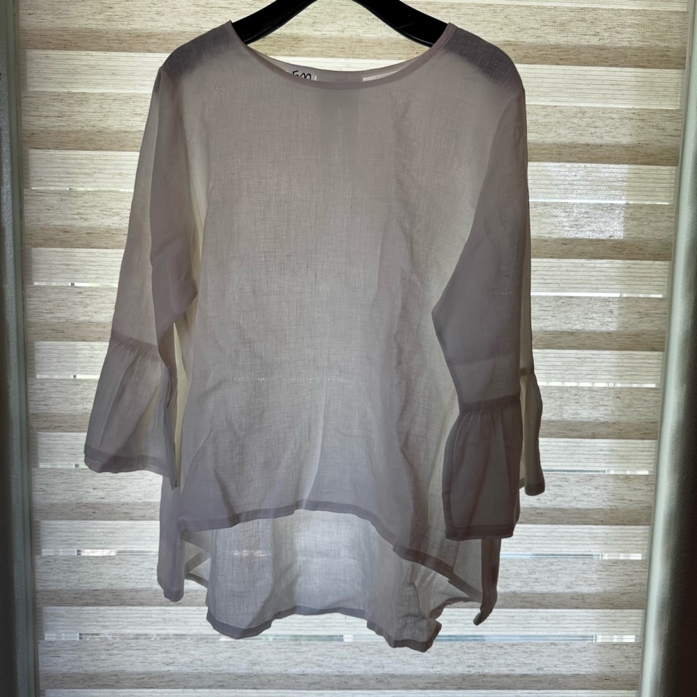 Bryn Walker Linen Round Neck Ruffle 3/4 Bell Sleeve Tunic Top‎ White M 12/14 - Picture 5 of 15